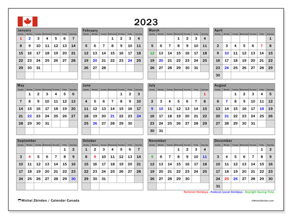 Kalender 2023, Kanada (EN). Gratis karta som kan skrivas ut.