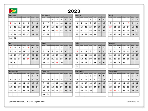 Kalender 2023, Guyana (EN). Gratis karta som kan skrivas ut.