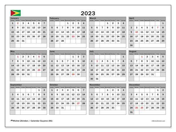 Printable calendar, 2023, Guyana (SS)