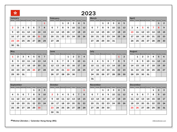 Kalender 2023, Hong Kong (EN). Gratis karta som kan skrivas ut.
