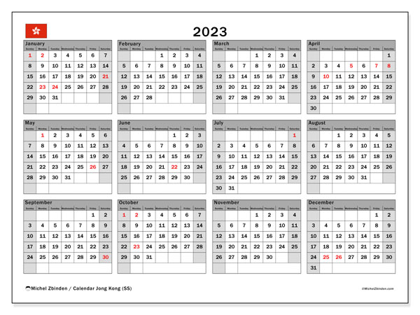 Calendar with Hong Kong public holidays, 2023, for printing, free. Free diary to print