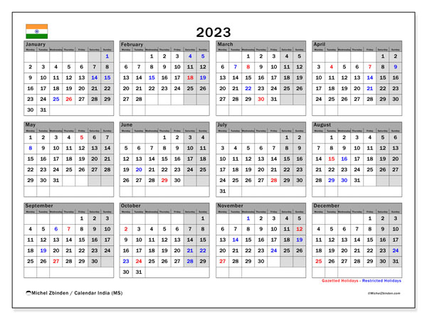 Printable calendar, 2023, India (MS)
