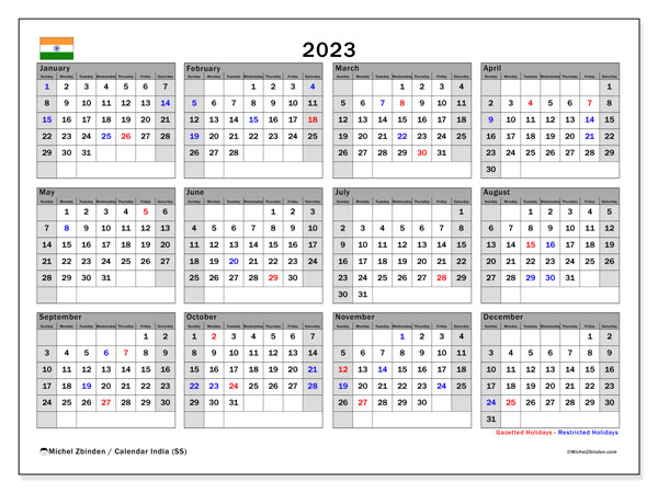 Printable calendar, 2023, India (SS)