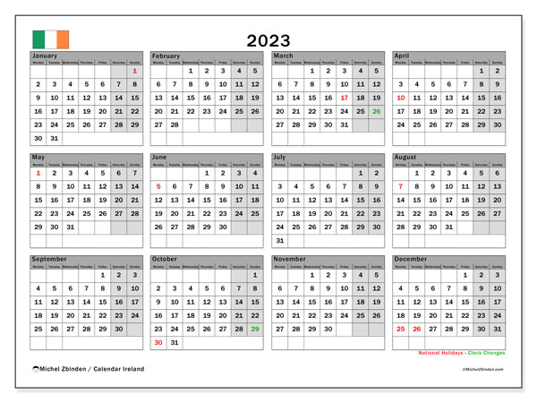 Calendrier annuels 2023, Irlande (EN), prêt à imprimer et gratuit.