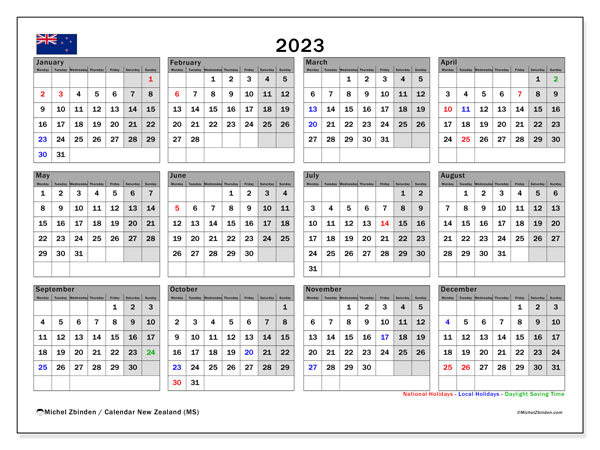 Kalendarz 2023, Nowa Zelandia (EN). Darmowy plan do druku.