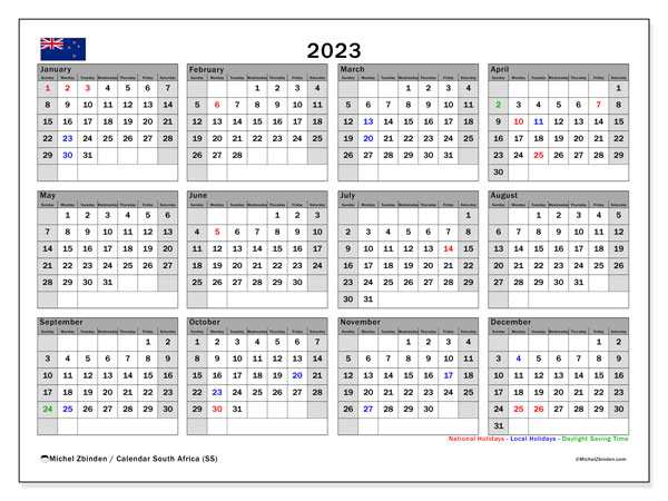 Printable calendar, 2023, New Zealand (SS)
