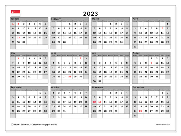 Calendar with Singapore public holidays, 2023, for printing, free. Free timetable to print