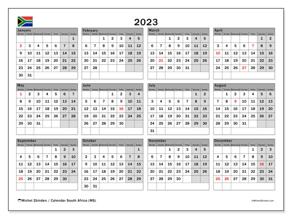Calendar with public holidays of South Africa, 2023, for printing, free. Free planner to print