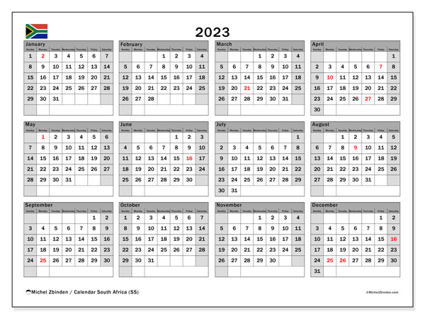 Kalenteri 2023, Etelä-Afrikka (EN). Ilmainen tulostettava kalenteri.