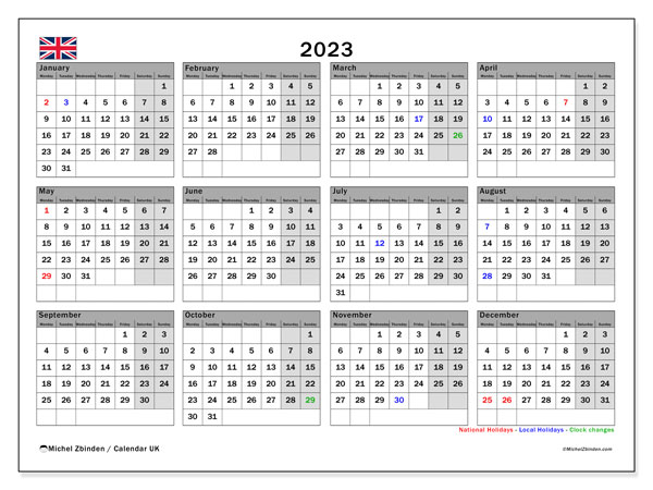 Printable calendar, Annual 2023, United Kingdom