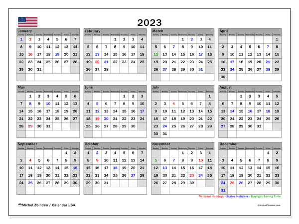 Kalenteri 2023, Yhdysvallat (EN). Ilmainen tulostettava kalenteri.