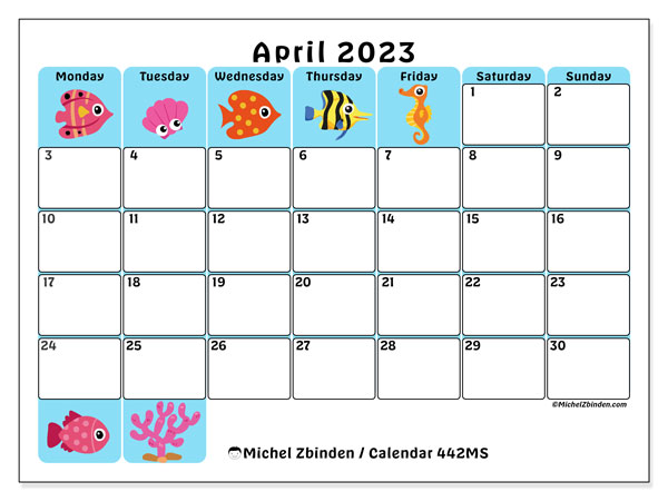 Printable calendar, April 2023, 442MS