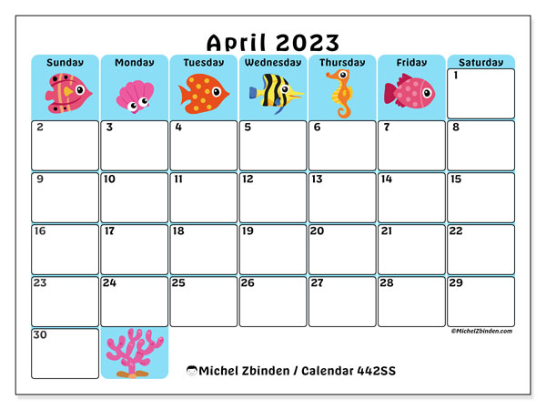 Printable calendar, April 2023, 442SS