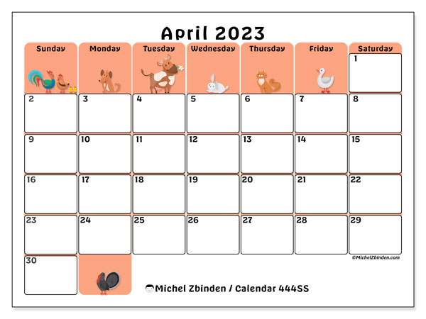 Printable calendar, April 2023, 444SS