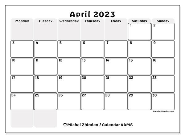 Printable April 2023 calendar. Monthly calendar “44MS” and free printable agenda
