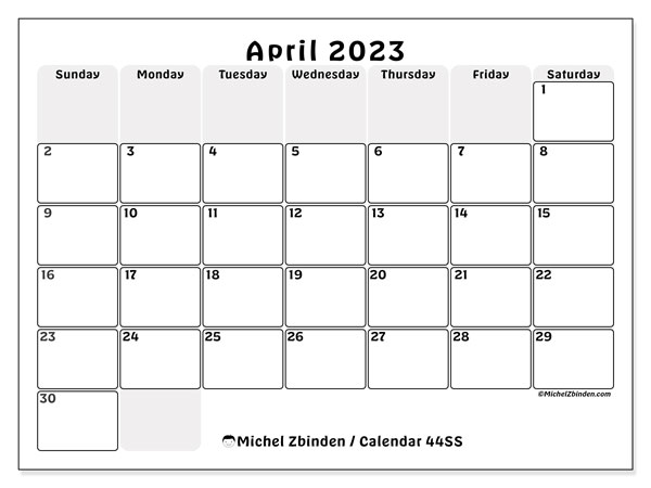 Printable calendar, April 2023, 44MS