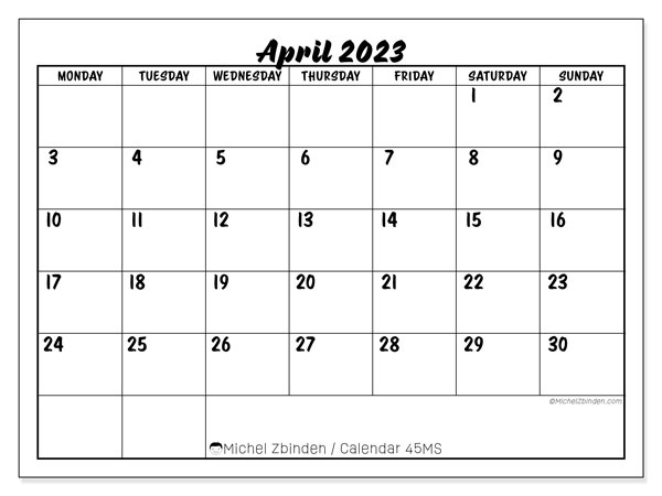 Printable April 2023 calendar. Monthly calendar “45MS” and free printable bullet journal