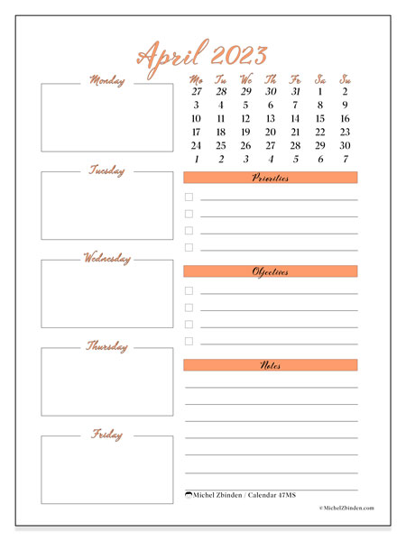 Printable calendar, April 2023, 47MS