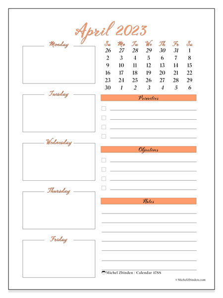 Printable calendar, April 2023, 47MS