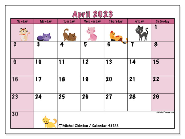 Printable calendar, April 2023, 481SS