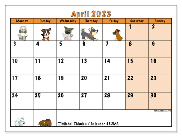 Printable calendar, April 2023, 482MS