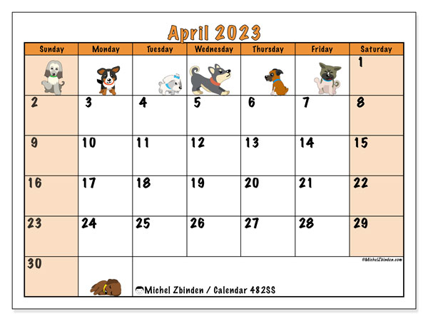 Printable April 2023 calendar. Monthly calendar “482SS” and free agenda to print