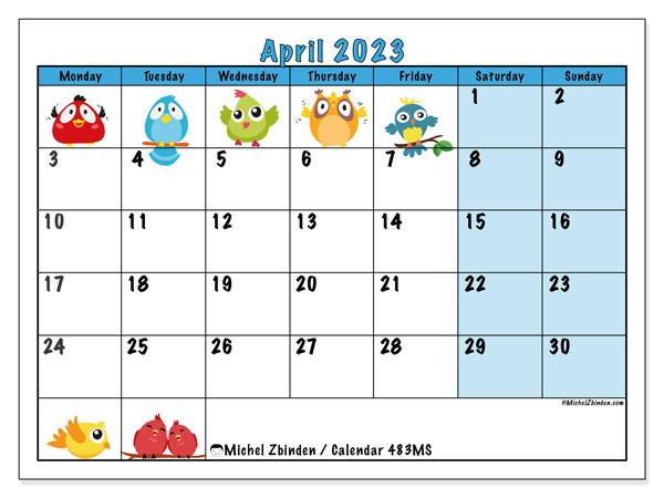 Printable calendar, April 2023, 483MS