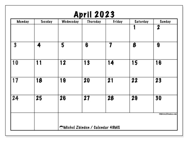 Calendar 48MS, April 2023, to print, free. Free planner to print