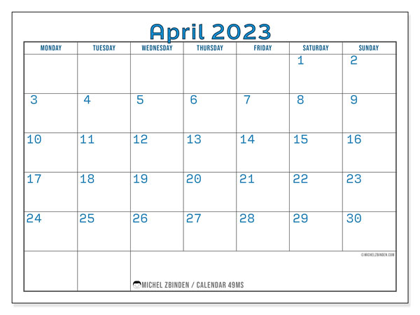 49MS calendar, April 2023, for printing, free. Free timeline to print