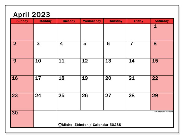 Printable April 2023 calendar. Monthly calendar “502SS” and free agenda to print