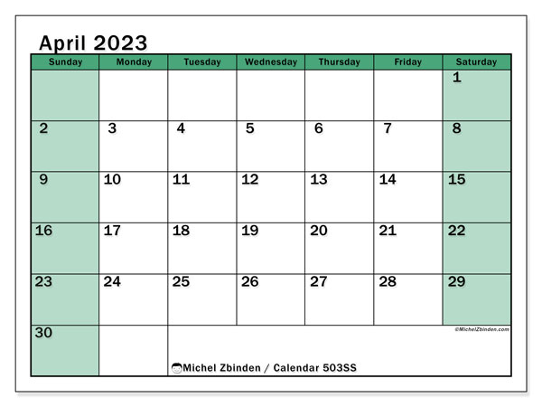 Printable calendar, April 2023, 503SS