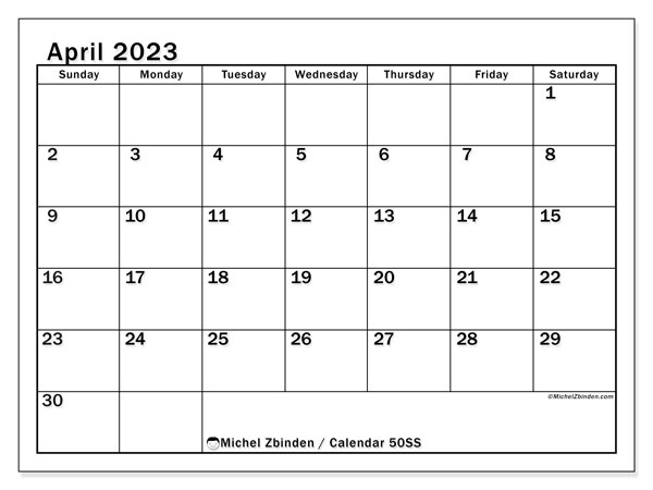 Printable calendar, April 2023, 50SS