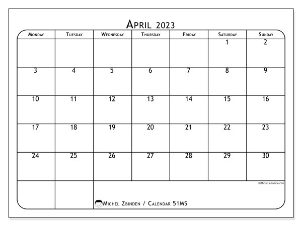 Printable calendar, April 2023, 51MS