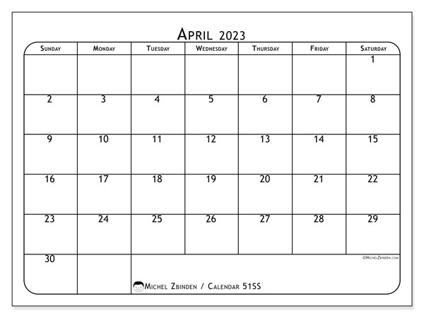Printable calendar, April 2023, 51SS
