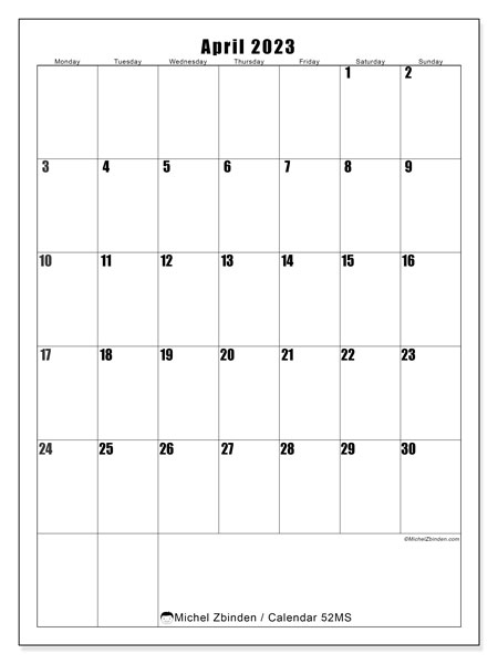 52MS calendar, April 2023, for printing, free. Free planner to print