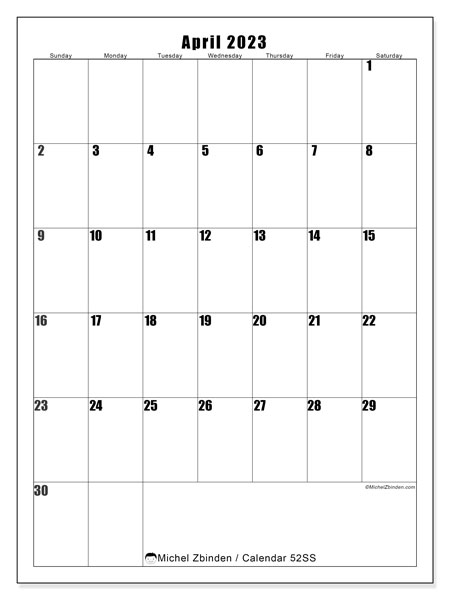 Printable calendar, April 2023, 52SS