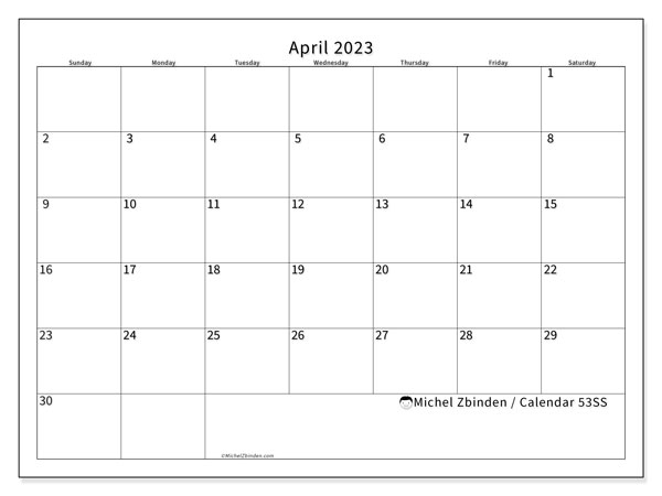 Printable calendar, April 2023, 53SS