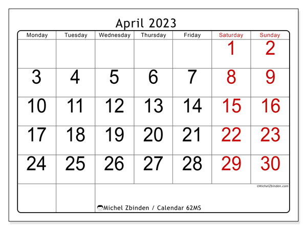 Printable April 2023 calendar. Monthly calendar “62MS” and schedule to print free