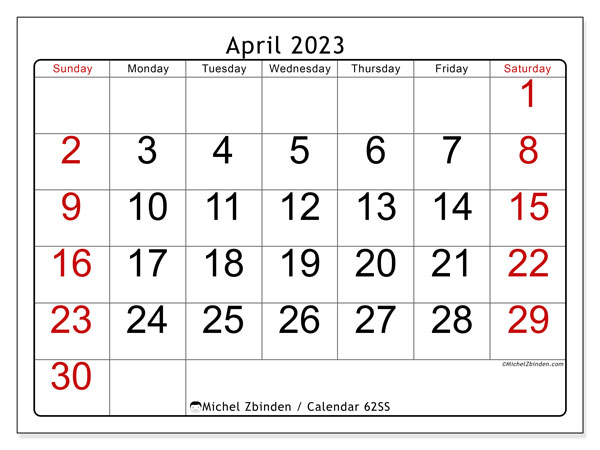 Printable April 2023 calendar. Monthly calendar “62SS” and schedule to print free