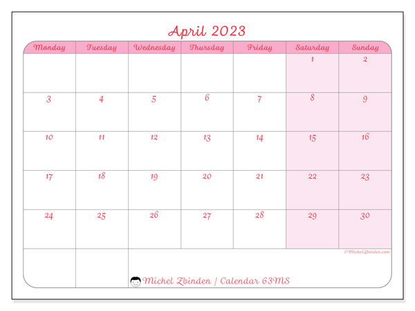 Printable calendar, April 2023, 63MS