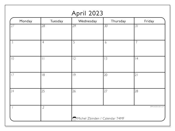 Printable calendar, April 2023, 74MS