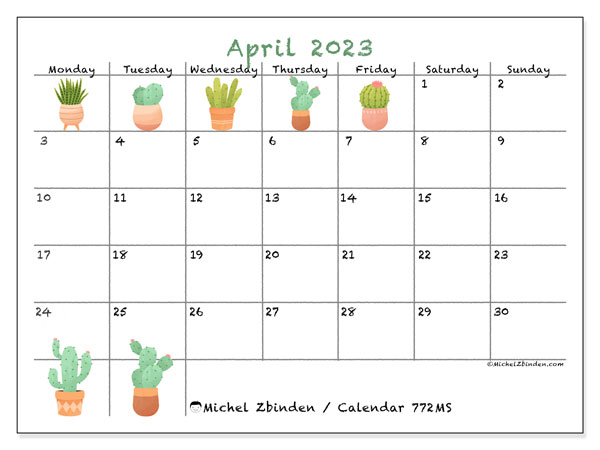 Printable April 2023 calendar. Monthly calendar “772MS” and free bullet journal to print