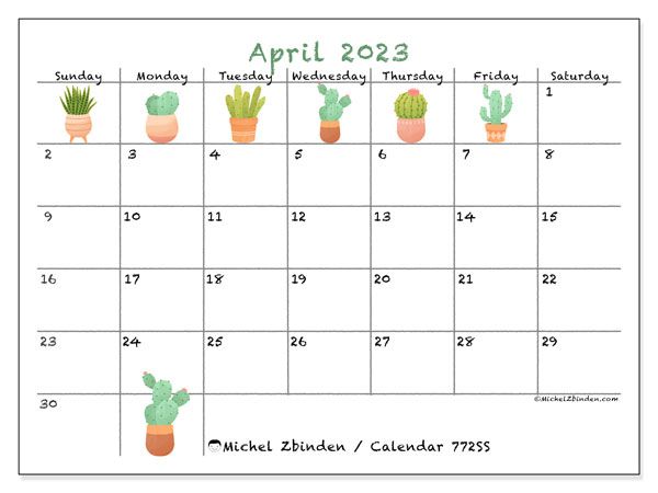 Printable calendar, April 2023, 772SS
