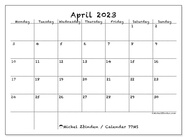 Printable April 2023 calendar. Monthly calendar “77MS” and free printable agenda