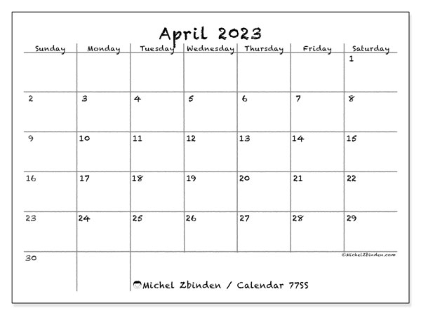 Printable calendar, April 2023, 77SS