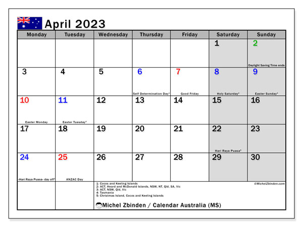 “Australia (MS)” printable calendar, with public holidays. Monthly calendar April 2023 and free printable bullet journal.