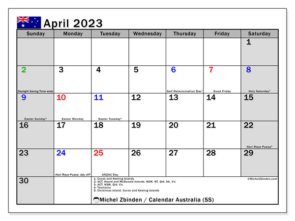 Calendar with Australian public holidays, April 2023, for printing, free. Free diary to print