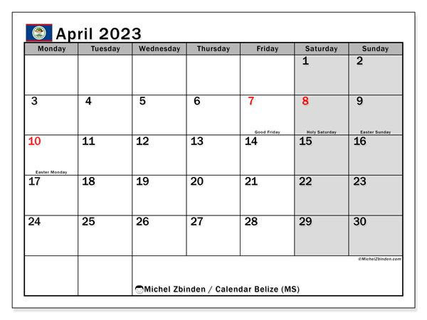 Printable calendar, April 2023, Belize (MS)
