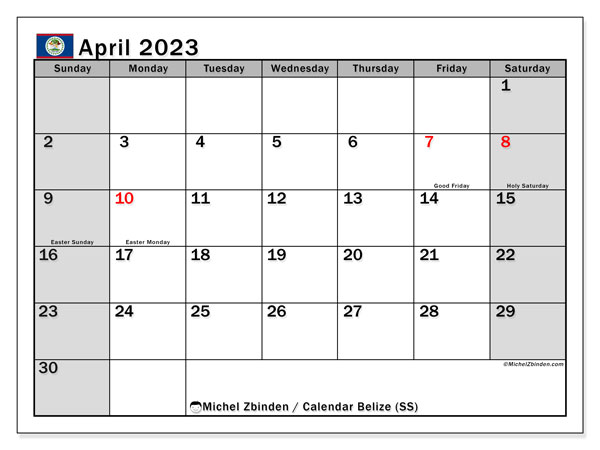 Printable calendar, April 2023, Belize (SS)