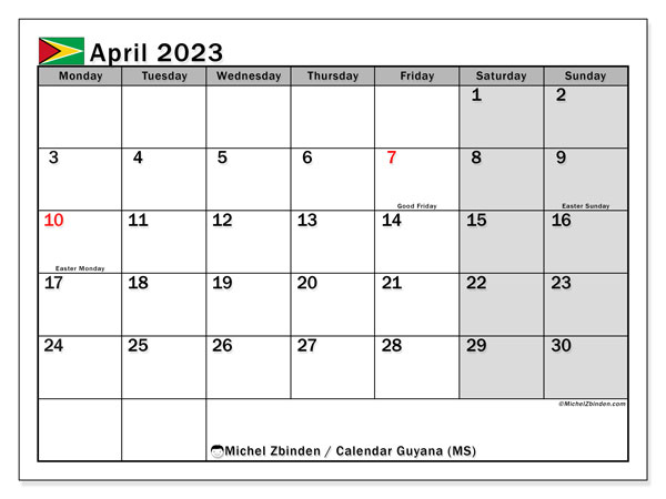 Calendar with public holidays in Guyana, April 2023, for printing, free. Free diary to print